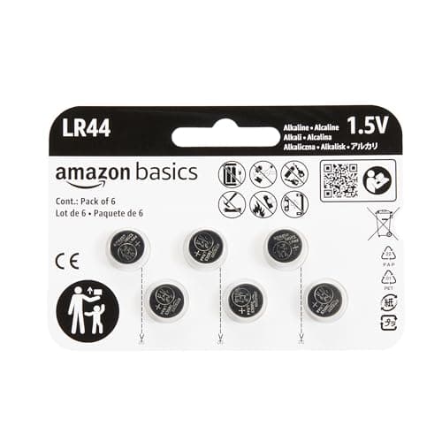 Amazon Basics 6-Pack LR44 Alkaline Button Cell Replacement Battery, 1.5 Volt, Long Lasting Power, Mercury-Free